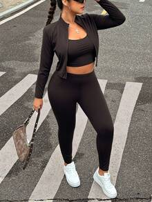 SHEIN EZwear Bộ đồ tập yoga 3 món cỡ lớn màu đen: Áo vest, áo khoác và quần, co giãn và nhẹ - màu nâu - Xem 4