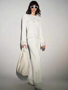 Lumivelle 2 件套，高弹针织刺绣拼布，纯色修身圆领喇叭袖，开衩下摆，下摆和袖口蕾丝花边，腰部收紧阔腿直筒裤，休闲时尚舒适优雅日常穿着，春/秋/冬 - 軍綠色 - 查看 4