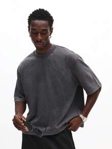 SUMWON 水洗复古印花圆领短袖T恤，背面全幅图案设计，休闲款 - 灰色 - 查看 5