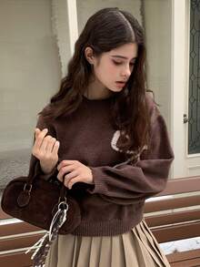 Dazy Kids 少女圆领落肩长袖休闲蝴蝶结提花宽松套头毛衣 - 棕色 - 查看 7