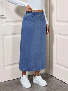 SHEIN Unity Damen Denim Rock mit elastischem Bund, Taschen und Schlitz, minimalistisch, vielseitig und lässig - Blau - Übersicht 4