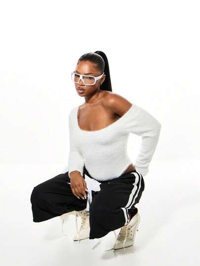 SUMWON WOMEN Fluffig Stickad Rundringad Långärmad Bodysuit Höst Vinter Mysig Tröja