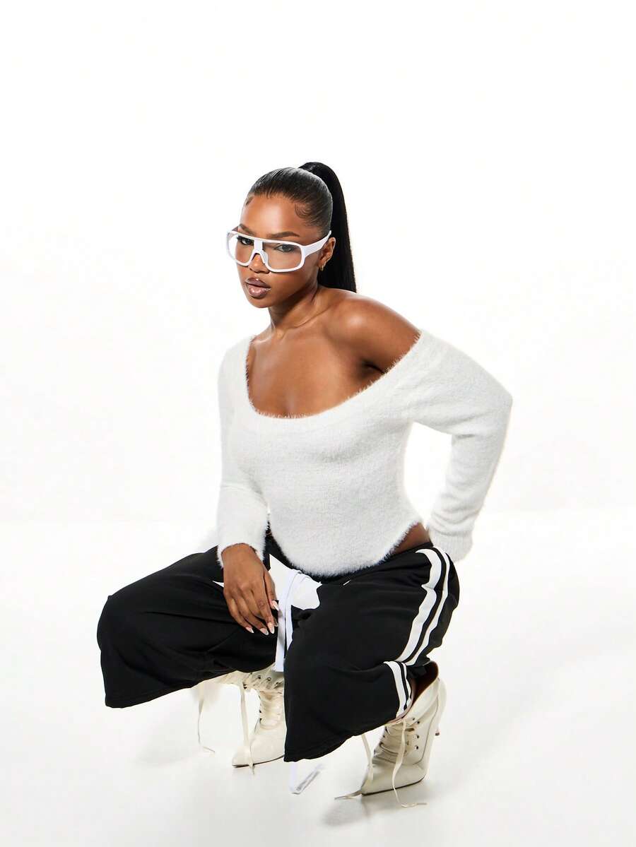 SUMWON WOMEN Fluffy Knit Scoop Neck Long Sleeve Bodysuit Fall Winter Cozy Sweater Top