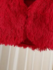 SHEIN Chaqueta corta y esponjosa de unicolor minimalista para niñas, adecuada para salidas en otoño/invierno - Rojo - Ver 7