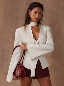 SHEIN BAE 女式纯色简约长袖西装外套，日常穿着 - 米色 - 查看 5