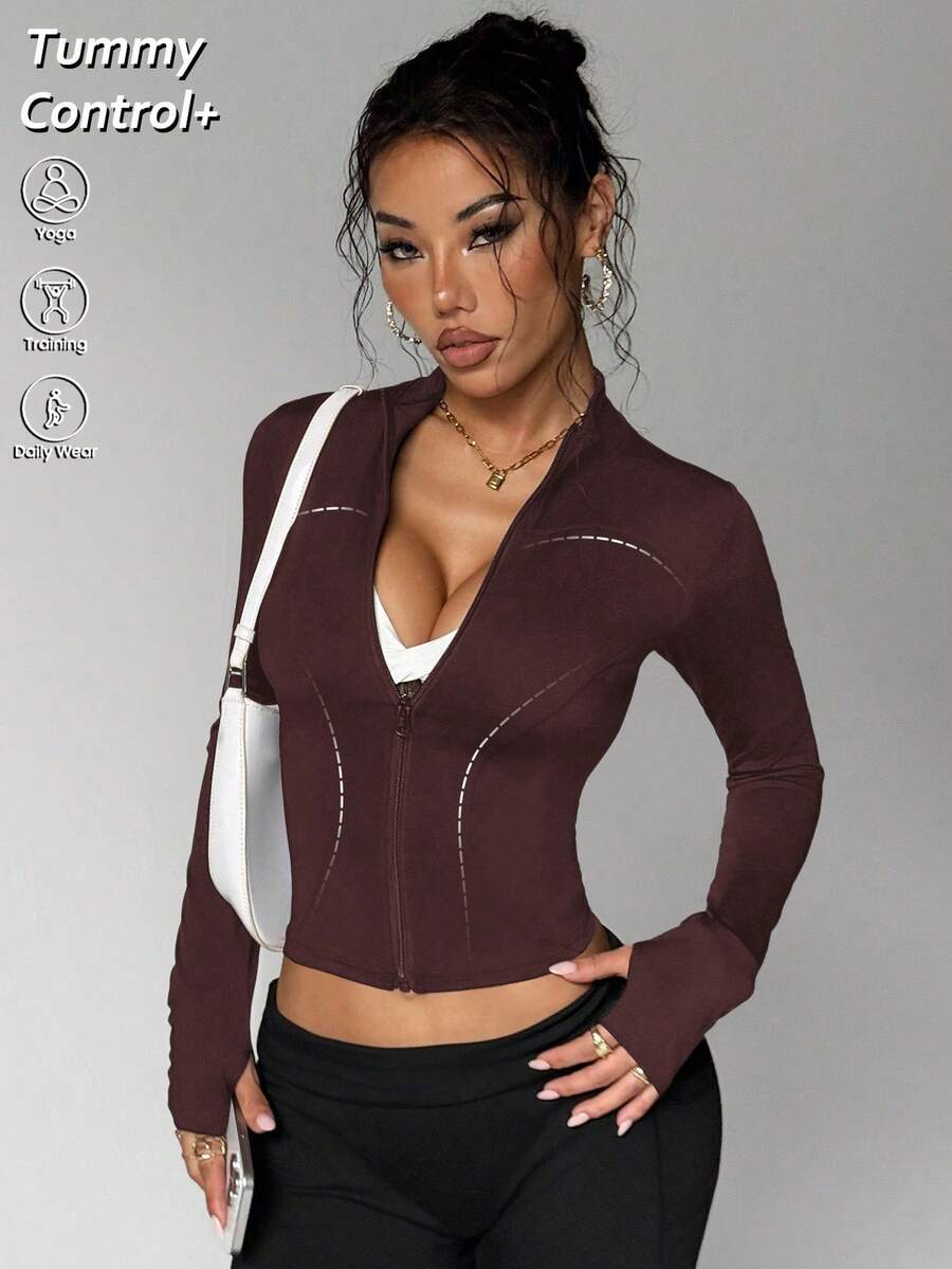 Dewbera Women's Casual Running Fitness Sports Jacket Brown Gym Top Brown Athletic Top - Rust Brown - View 1