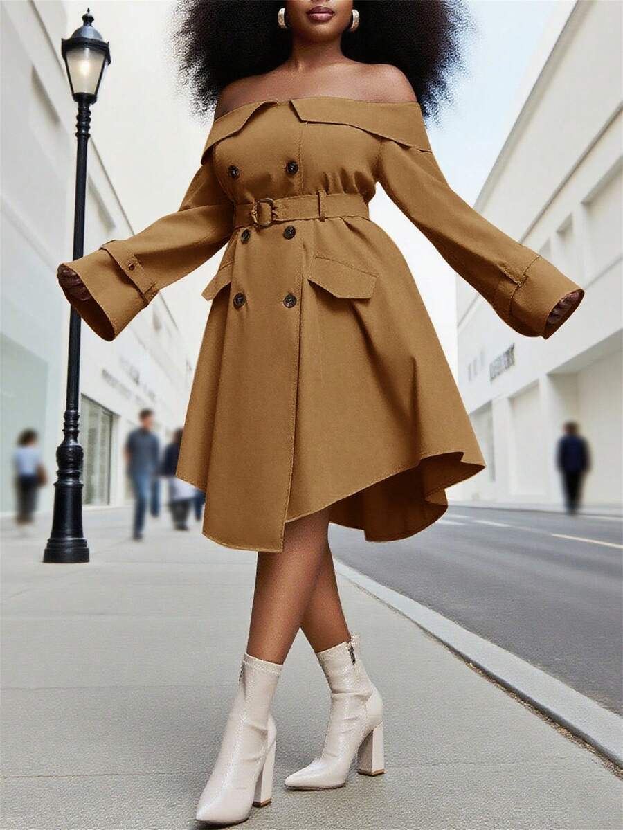 Slaydiva Robe asymétrique à épaules dénudées et double boutonnage pour femmes grandes tailles, couleur unie, robe kaki d'automne pour femmes, robe marron café, robe marron élégante pour femmes - Marron - Voir 1