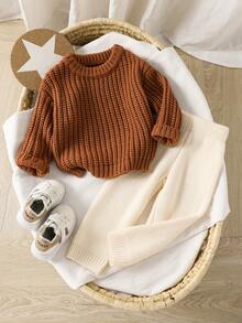 Baby Girls Sweater Set,Vintage Thick Knit Outfit,Caramel Crew Neck Sweater+Beige Ribbed Pants,2 Pcs Autumn,Modest,Family Matching,All Shades Of Brown - Multicolor - View 8
