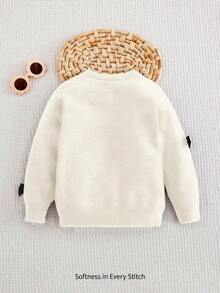 Cozy Pixies Ung flicka färgblocksmönster rosettdekor rund halsringning nedsänkt axeltröja, minimalistisk stil basic, lämplig för höst/vinter inomhus, utomhusskidåkning, vardagskläder, sport, lek, fest, fotografering, jul - Vitt - Visa 2