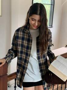 DAZY 少女格纹印花纽扣前开襟宽松长袖衬衫