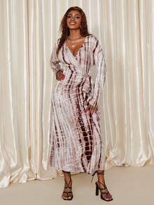 Eryvara Váy quấn tay dài cổ chữ V in họa tiết đầy đủ dành cho nữ - màu nâu - Xem 4