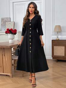 EMERY ROSE Vestido maxi elegante de mujer con cuello en V, manga raglán y botones frontales en unicolor - Negro - Ver 7