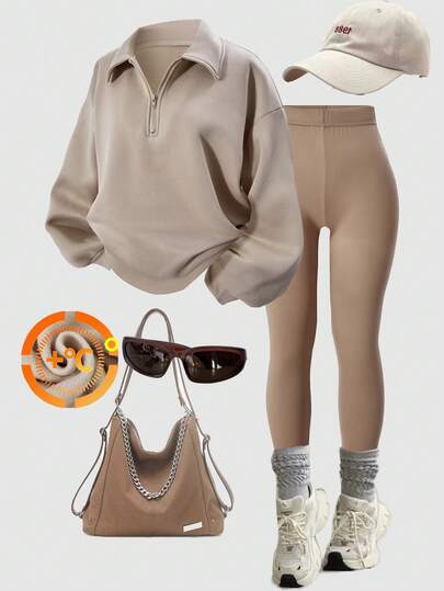 SHEIN 2pcs Women's Casual Thermal Lined Mock Neck Half Zip Long Sleeve Sweatshirt And Skinny Pants Set