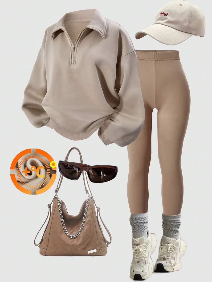 SHEIN 2pcs Women's Casual Thermal Lined Mock Neck Half Zip Long Sleeve Sweatshirt And Skinny Pants Set - Multicolor - View 1