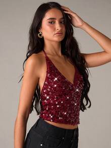 SHEIN BAE 秋冬夜店派对时尚性感亮片吊带露背吊带上衣，派对上衣，夜店上衣，女士时尚上衣，亮片上衣，情人节 - 酒紅色 - 查看 5