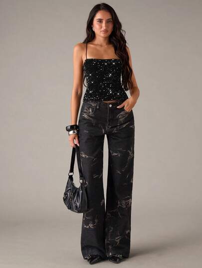 SHEIN BAE Autumn/Winter Nightclub Party Fashionable Sexy Black Velvet Sequined Camisole Backless Top, Party Top, Club Top, Winter Clothes For Women,New Year Clothes,Christmas Outfit For Women,Thanksgiving Outfit For Women,Glitter Top,Glitter Top, Black Top