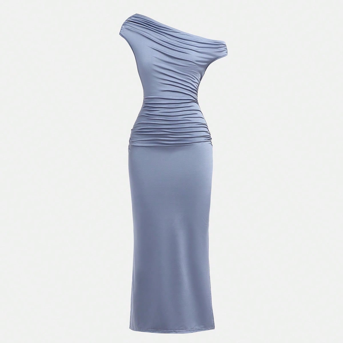 Vestido de punto maxi de corte ajustado con cuello asimétrico y cintura fruncida, estilo casual y elegante para niña preadolescente, adecuado para f