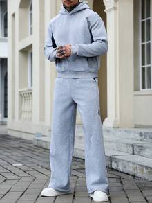 Manfinity Homme 男士撞色连帽衫和裤子套装 男士针织套装 男士慢跑服 男士运动套装 灰色套装 男士两件套运动服 - 灰色 - 查看 5