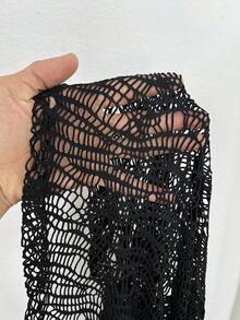 Whyspr Grunge Punk Plus Size Dark Sexy Sheer Mesh Hollow Elastic Long Sleeve Top - Black - View 7