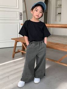 Dazy Kids 年轻女孩宽松口袋阔腿休闲宽松牛仔裤，百搭 - 灰色 - 查看 2
