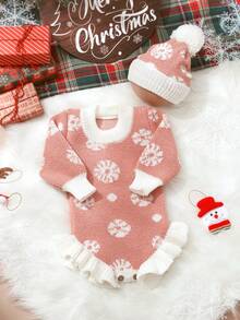 SHEIN 2Pcs Set Knitted Newborn Girl Romper With Matching Pom Hat Baby Girl Photography Outfits 1 Month 100 Days Baby Photo Shooting Props - Multicolor - View 3