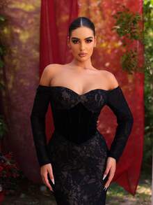 Glamrae فستان سهرة أنيق وفاخر وأنيق من قماش الدانتيل الأسود، مزود بعظام، كأس الصدر، ذيل سمكة، مناسب للسهرات والمناسبات الرسمية كالزفاف وحفلات العروس وحفلات الكرة الرسمية وعشاء رومانسي في عيد الحب - الأسود - مشاهدة 3