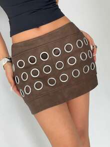 Aloruh Falda corta de mujer con diseño de ojales a la moda - Verde - Ver 3