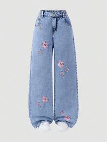 SHEIN ChillGRL Tween-Mädchen Jeans – New Snow Wash Distressed Embroidered Wide Leg Jeans