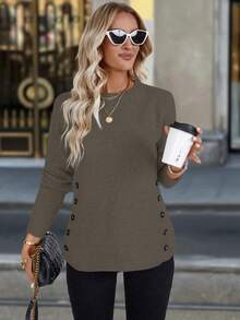 Chiquease 经典纽扣装饰休闲百搭圆领长袖毛衣 - Volcanic Gray - 查看 4