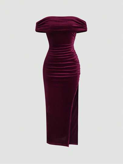 Sweetra 1 Peça Vestido Longo Veludo Sólido Ombro de Fora Franzido Bodycon Fenda para Roupa de Festa de Ano Novo Vinho Tinto Mulheres