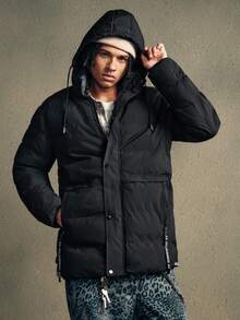 AXEPEAK Men's Letter Graphic Zip-Up Casual Loose Fit Hooded Long Sleeve Coat, Winter - Black - View 4