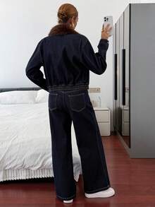 DAZY Women's Autumn/Winter Thermal-Lined Colorblock Turndown Collar Loose Casual Jacket With Large Pockets, Outdoor Streetwear, And Wide-Leg Jeans Set - Dark Wash - View 5