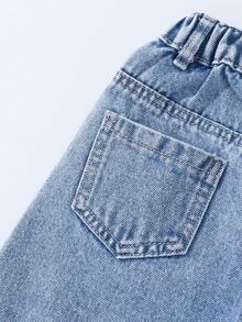 Young Girl Light Wash Blue Strawberry Print Wide Leg Jeans, Comfortable Sweet Casual Vacation School Style Recommended! - Light Wash - View 7