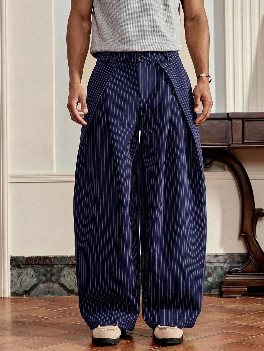 SWAVVY 男士时尚通勤条纹锥形裤 - 藏蓝色 - 查看 1