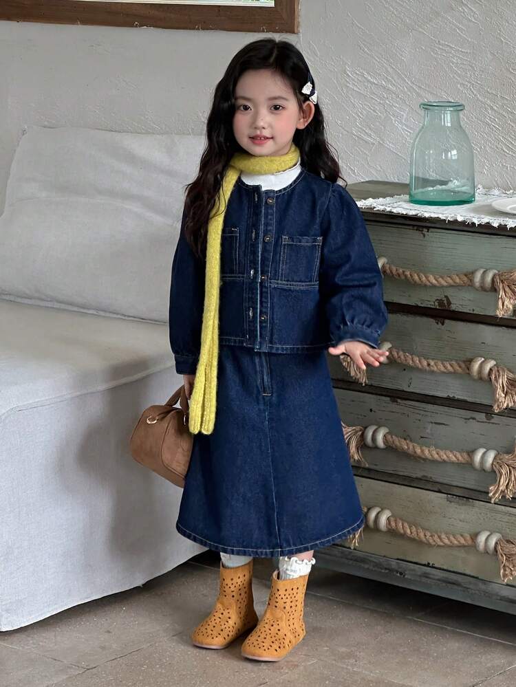 Girls Denim Top And Skirt Set