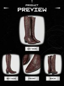 ROMWE Fairycore 女式2025春秋季新款自然风咖啡棕色刺绣西部靴，户外时尚一脚蹬及膝靴 - 咖啡棕 - 查看 6