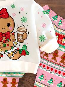 SHEIN 圣诞节可爱卡通姜饼人、雪花、铃铛、拐杖糖印花柔软厚实圆领长袖卫衣和打底裤套装，适合秋冬季女婴 - 彩色 - 查看 5