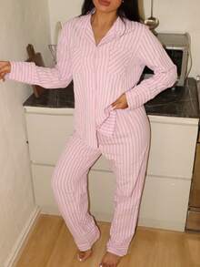 Lowkey Lull 渐变粉色条纹舒适休闲柔软时尚秋季轻松舒适秋季睡衣 INS 休闲 Y2K 翻领纽扣长袖上衣和裤子女士睡衣套装粉色睡衣两件套，秋冬服装 - 玫紅色 - 查看 3