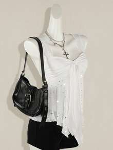 SHEIN ICON Áo ba lỗ nữ vải bóng viền lưới bất đối xứng - trắng - Xem 3