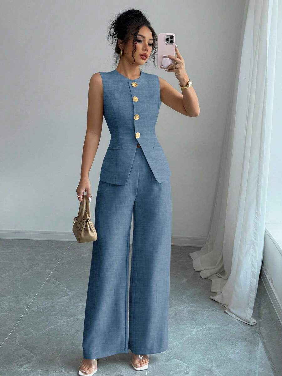 Selianne Bộ đồ thường ngày/đi làm trang trí cúc hoa thanh lịch dành cho nữ - Màu xanh lam - Xem 1