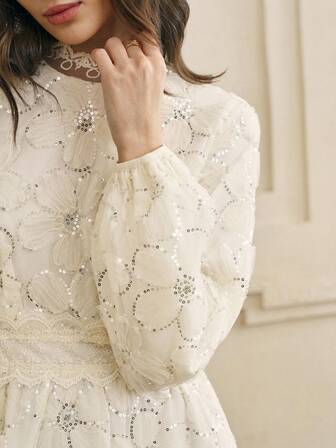 Cévolie Women's Mandarin Collar Lantern Sleeve Elegant Lace Embroidery Waist Cinched Midi Dress, Beige