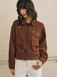 Cévolie 女式花卉串珠休闲宽松单排扣蝙蝠袖夹克 - 咖啡棕 - 查看 6