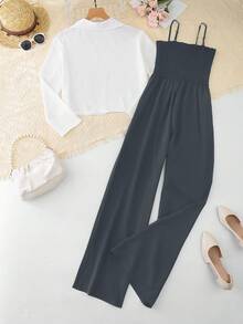 Franclia 女式休闲白衬衫和黑色连体裤两件套 - 深灰色 - 查看 2