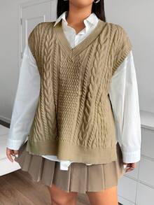 Flirla 大码女式 V 领休闲针织背心，带麻花图案和侧开衩下摆，秋冬 - 卡其色 - 查看 3