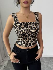 Rafferiza 女士豹纹方领吊带背心，夏季新款豹纹上衣，动物纹露脐上衣，性感猎豹纹上衣 - 彩色 - 查看 6