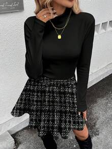 SHEIN LUNE 2pcs/Set Black Ribbed Turtleneck Long Sleeve Top + Plaid A-Line Midi Skirt, Fashionable Casual Outfit For Autumn/Winter
