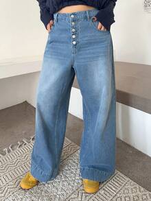 Dazy Plus Calça jeans feminina longa, azul, plus size, com 5 botões, solta, perna reta, lavada, adequada para todas as estações - Lavagem leve - Ver 6