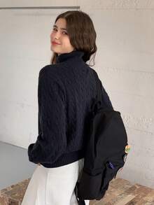 DAZY Teen Girl Solid Color Half-Zip Dropped Shoulder Long Sleeve Cable Knit Casual Pullover Sweater - Navy Blue - View 7