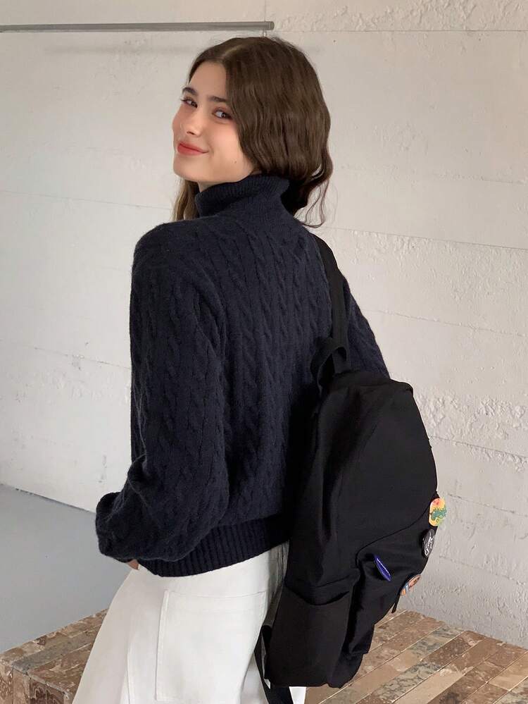 Teen Girl Solid Color Half-Zip Dropped Shoulder Long Sleeve Cable Knit Casual Pullover Sweater