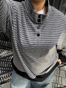 Dazy Plus Plus Size Women Casual Striped Loose Contrast Color Splice Hem Half-Open Collar Long Sleeve T-Shirt, Spring/Autumn - Grey - View 1
